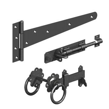 Picture of GATEMATE SIDE GATE FIXING KIT - BLACK (INCLUDES PAIR OF T-HINGES, BRENTON BOLT & RING LATCH)